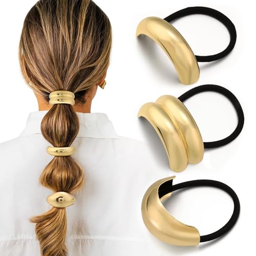 3PCS Gold Hair Ties, Metal Hair Ties for Thick Hair, Elegant Durable Geometric Design, Gold Hair Accessories Stretchy and Non-Damage Ponytail Holders, 3 Styles in Box Holiday Gifts