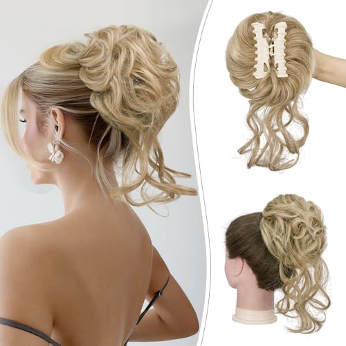 SOFEIYAN Claw Clip Messy Bun Hair Piece Curly Wavy Hair Bun Clip in Claw Chignon Ponytail Extensions Synthetic Tousled Updo with Tendrils Hairpieces Accessories Scrunchies for Women, Dark Blonde Mix