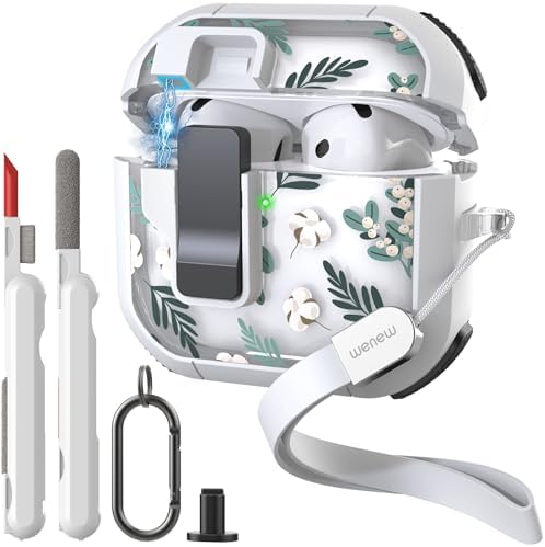 WENEW Case for AirPods 4th Case Cover Secure Lock Automatic Snap Switch Clip Cleaner Kit Lanyard Women Stylish Flower Aromr Hard Shell Full Body Front LED Visible (Green Leaves, AirPods 4th)