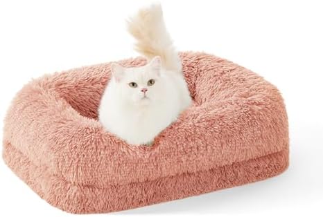 Donut Dog Beds for Small Dogs - Calming Puppy Bed with Fluffy Faux Fur, Waterproof Pet Sofa Bed with Supportive Egg Foam, Cat Bed with Washable Removable Cover and Nonskid Bottom, Pink
