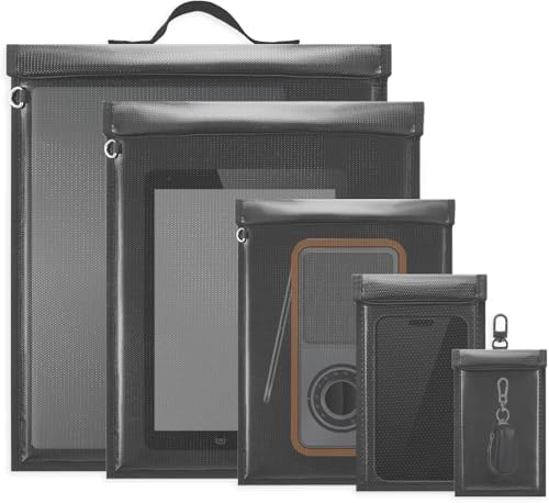 5 Pack Faraday Bags with Handle, Large Faraday Cage, Anti-Tracking Faraday Bag for Laptops & Tablets & Phones & Car Keys, Fireproof & Waterproof RFID Signal Blocker Faraday Pouch, Faraday EMP Bag