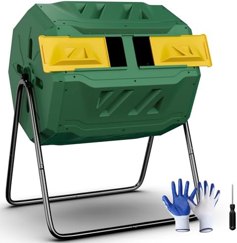 SUPER DEAL Composter Tumbler Outdoor 43 Gallon Dual Chamber Compost Bin 360° Rotating BPA Free with Heavy Duty Steel Frame for Garden Yard Kitchen Waste, Green