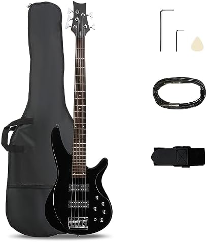 Ktaxon 5 String Electric Bass Guitar, Full Size Standard Right Handed Rosewood Fretboard Bass Kit with Gig Bag Strap Cable Wrench Tool (Upgraded Black)