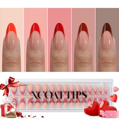 BTArtboxnails XCOATTIPS French Tip Press on Nails - Red Press On Nails Almond, Valentines Medium Fake Nails, 150Pcs Soak Off Soft Gel Acrylic Nail Extension in 15 Sizes