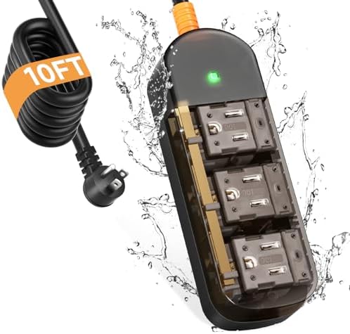 Outdoor Power Strip Weatherproof 10 FT Extension Cord Waterproof Surge Protector Power Strip, 3 AC Outlets, Shockproof, 1875W Overload Protection, for Camping, Home, Office, Garden, FCC UL Listed