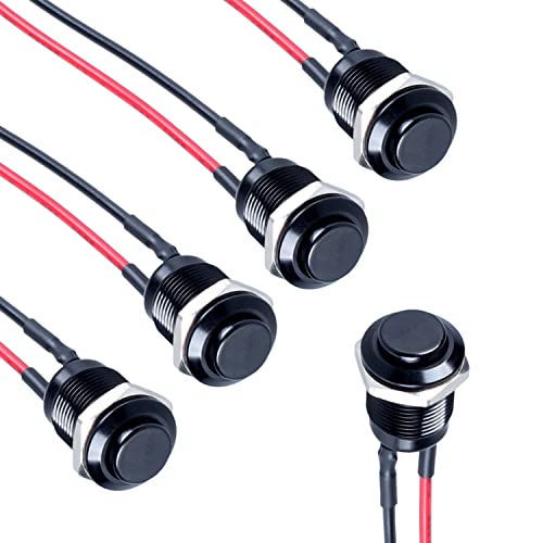5pcs 12mm Momentary Push Button Switch High Round Head (ON)-Off Normally Open with Pre-soldered Wire Aluminium Alloy Shell 12V 24V 36V 110V Waterproof IP66 Anti-Vandal IK09 Without LED (Black)