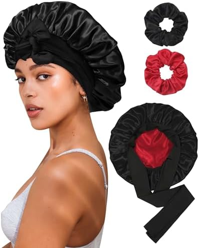 Reversible Satin Bonnet for Sleeping Women Double Layer Hair Bonnet with 2PCS Hair Scrunchies Elastic Tie Band Night Cap