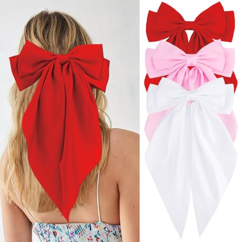 VELSCRUN Hair Clip - 3Pcs Silky Satin Hair Bows for Women in Red, Pink, White - Big Bow Hair Clips with Long Tail - Hair Accessories for Girls - Ideal for Special Occasions - 3 Count