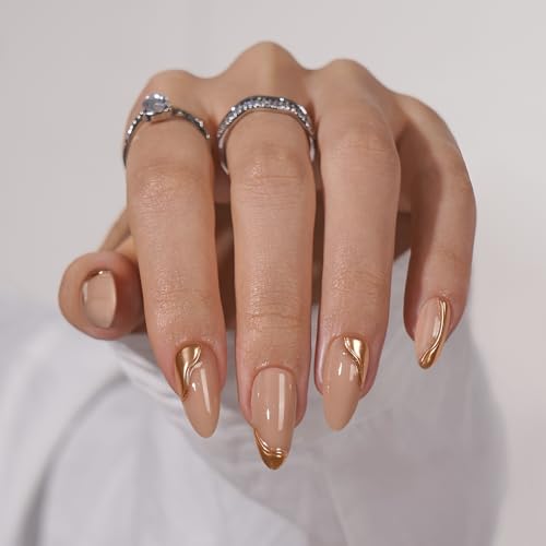 BTArtbox Press On Nails Almond - Glue On Nails Medium with 3D Sculpting Metallic Design, Supremely Fit & Glossy Fake Nails in 15 Sizes, Amber