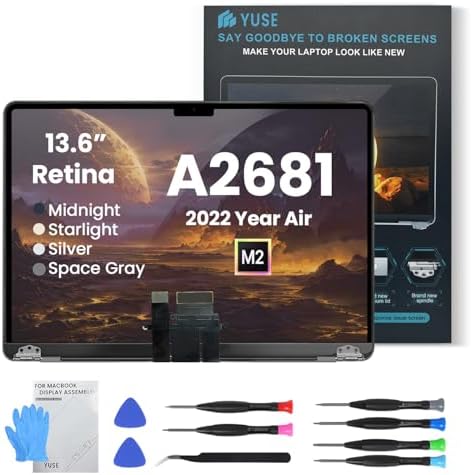 YUSE A2681 Screen Replacement for Mac14,2 MacBook Air 13.6" inches M2 2022 EMC 4074 2560x1664 Full LCD Display Complete Assembly (Midnight)