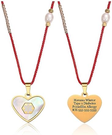Medical Alert Necklace for Women Shell & Gold-Tone Stainless Steel Emergency ID Tag Pendant Necklace for Girls Custom Engraved Medical Alert Jewelry