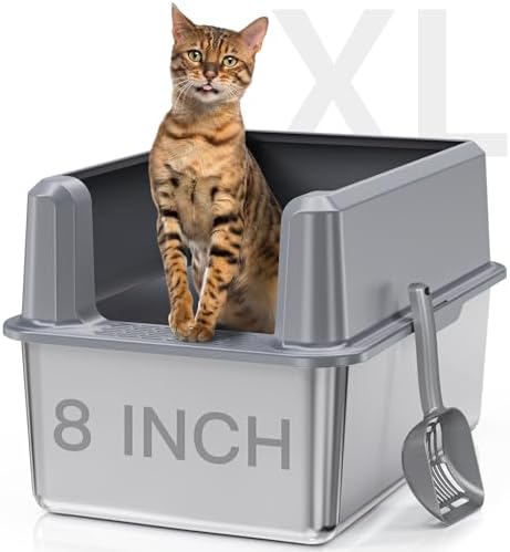 Enclosed 14" Stainless Steel Cat Litter Box with Lid, Odorless XL Metal for Big Cats, Extra Large Kitty Litter Box, Easy Clean Anti-Leakage, Include Litter Scoop