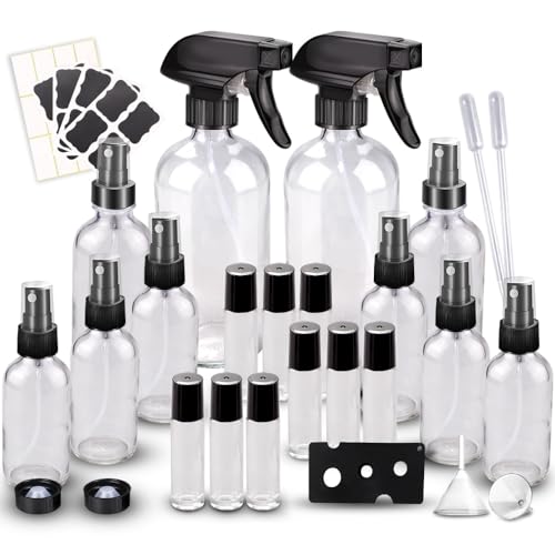 Glass Spray Bottle Kit×10 (2×16 oz, 2×4 oz, 6×2 oz), 9×10 ml Roller Bottles, Anti UV, Multi Size and Versatile, Suitable for Aromatherapy, Facial Moisturizing, Watering, etc.(Clear)