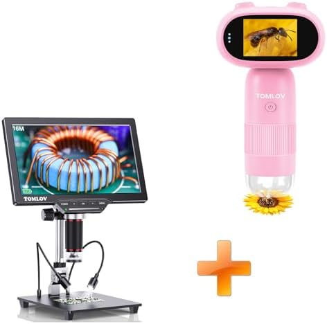 TOMLOV P30 Microscope for Kids, Handheld 1000X 2 LCD Digital Microscope for Slides，HD Camera & Video, Pocket Magnifying Glass with Light+DM202
