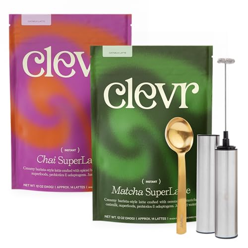 Clevr Blends Chai Tea and Ceremonial Grade Matcha Green Tea Powder, Instant Superfood Latte Bundle with Oat Milk, Lions Mane, Reishi Mushroom, Coconut Cream, Ashwagandha, Includes Frother & Spoon