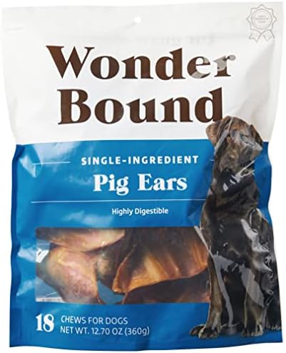 Amazon Brand - Wonder Bound Whole Pig Ears, Single Ingredient, Highly Digestible, Dog Treats for Puppy and Large/Medium Dogs, Pork, 18 count, 12.7 ounce (Pack of 1)