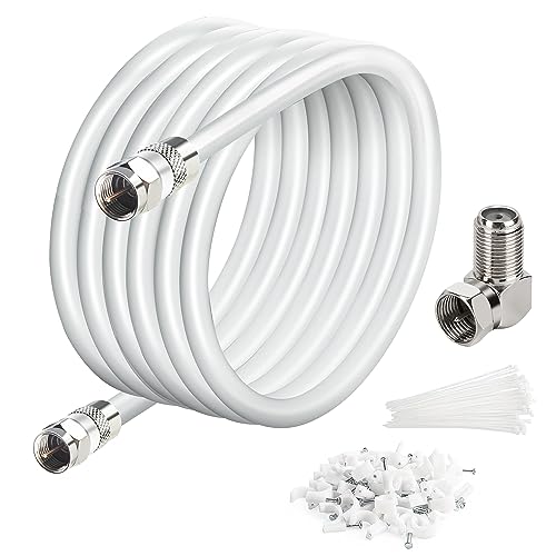 Elecan 15 Ft RG6 Coaxial Coax Cable Connectors Set, Quad Shielded High-Speed Internet 3 GHZ, Broadband Digital TV Aerial, Soft Satellite Cable Extension Double Rubber O-Ring+ Adapter+Ties+Clips-White