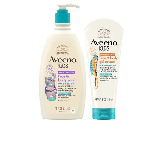 Aveeno Kids Sensitive Skin Face & Body Wash With Oat Extract, 18 fl. Oz with Aveeno Sensitive Skin Face & Body Gel Cream for Kids with Prebiotic Oat, 8 oz