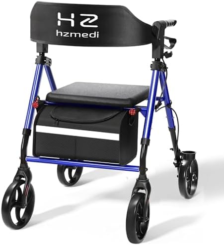 Walkers for Seniors Lightweight with Seat Foldable, Frame 8" Big Wheels Adult Rolling Walker for All Terrain, Dual Adjustable Height Rollator Transport 4 Wheels Walker| Royal Blue