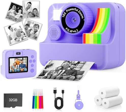Kids Camera Instant Print - MVNHFSO Portable Instant Print Camera, HD Digital Video Cameras for Toddler, Toddler Travel Camera Toy for 4 5 6 7 8 9 10 11 12 Year Old Boys Girls((Purple)