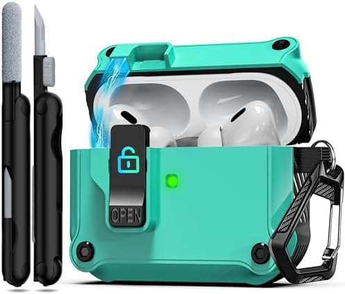 RFUNGUANGO for AirPods Pro 2nd/1st Generation Case Cover with Secure Lock Clip,Automatic Pop-up Case Full-Body Shockproof Hard Protective Cover for AirPods Pro 2 Case(2023/2022/2019) -Black+Teal