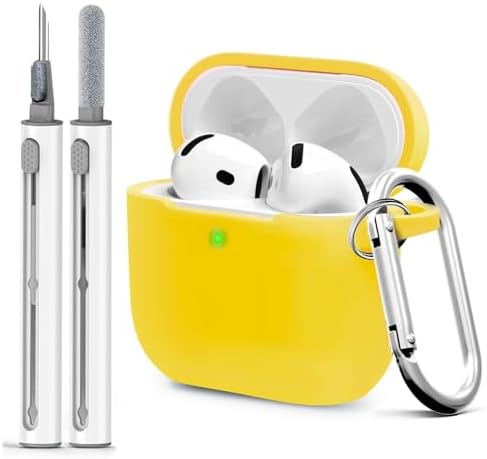 for Airpods 4th Case Cover, Come with Cleaner Kit,Soft Skin Silicone Case Cover with Keychain, Front LED Visibl, Full Protective Case，Compatible with AirPods 4th(Yellow)