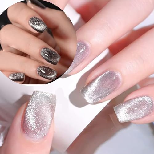 Crystal Cat Eye Gel Polish Kits Magnetic Nail Polish Set Holographic Cats Eyes Gel Nail Polish Shiny Diamond Glitter Gel with Magnet Stick (2PCS-silver&black)