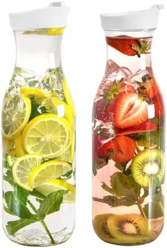 DilaBee Plastic Water Pitcher With Lid Round Carafe Pitchers for drinks, Milk, Smoothie, Iced Tea, Mimosa Bar - BPA-Free - Not Dishwasher Safe (2-Pack, 50 Ounce)