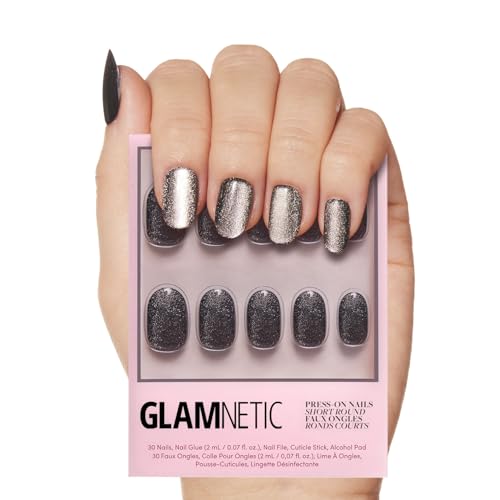 Glamnetic Press On Nails - Galactic | Short Round Shimmery Pewter Glittered Nails with a Glaze Finish | 12 Sizes - 30 Nail Kit with Glue
