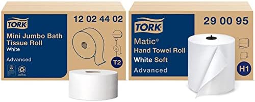 Tork Mini Jumbo Toilet Paper Roll White T2, Advanced (2-Ply) and Tork Matic Soft Hand Towel Roll, White, Advanced (1-Ply)