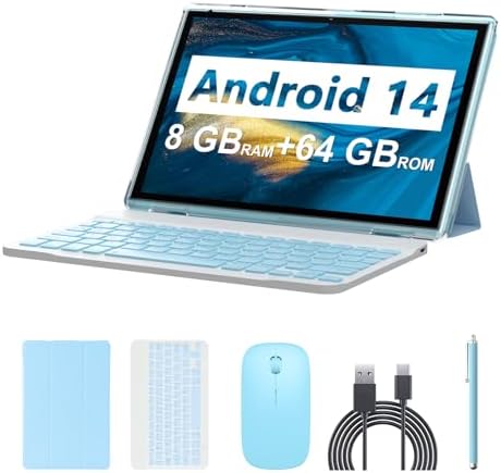 Android 14 Tablet, 10.1 inch 8GB RAM+64GB ROM/1TB(Max), 2 in 1 Tablets with Keyboard Case Mouse Stylus, 1.8GHz Quad-core Processor, 1280*800 IPS HD Touch Screen, 8MP Camera, 5G Wi-Fi 6 BT 5.0 Tablet