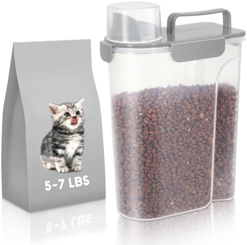 Cat Food Storage Container 5-7LBS, Dog Food Storage Container with Upgraded Spout and Cup, Travel Pet Food Dispenser, 4 Safety Buckles and Double-Layer Silicone Strips, Airtight, Easy to Clean.
