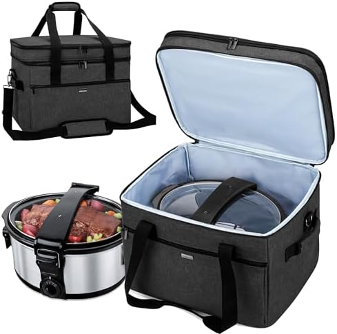 YARWO Large Slow Cooker Travel Bag Compatible with Crock-Pot/Hamilton Beach 8-10 Quart, Double Layers Slow Cooker Carrier Case for Kitchen Appliance and Accessories, Upgraded Version, Black (Bag Only)