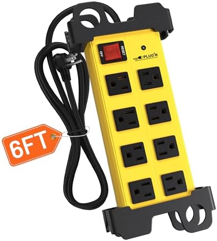 Plug'n 8 Outlet Heavy Duty Power Strip,Wide Spacing,Workshop Surge Protector 2700J with 6FT Extension Cord,Industrial Metal Power Strip 15Amp,Yellow Wall Mount Power for Garage,Office