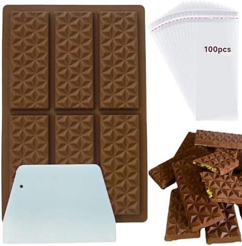 Thicken Chocolate Bar Mold Deep - 6 Cavities Silicone Chocolate Mold with Bags and Scraper, Thick Chocolate Bar Mold for Stuffed Bar, for Filling Kunafa Pistachio Chocolate Bar