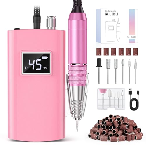 Beloving Portable Nail Drill Professional, 45000RPM Rechargeable Nail Drill Electric File Machine for Acrylic Gel Polish Remover, Cordless Nail Kit for Manicure Pedicure with 11 Bits for Salon Home