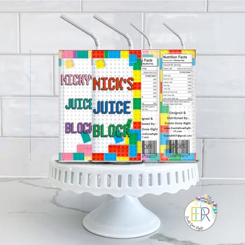 Building Block Theme Juice Box Labels Blocks Building Bricks Ninja baby shower 1st birthday party decorations supplies. Set of 12