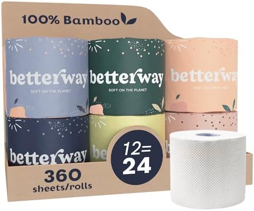 Betterway Bamboo Toilet Paper 3 Ply - Sustainable Toilet Tissue - 12 Double Rolls & 360 Sheets Per Roll - Septic Safe - Organic, Plastic Free - FSC Certified
