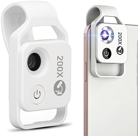 200X Phone Mini Pocket Microscope with LED Light CPL, Clip Design Universal Cell Phone Microscope Lens, Phone Camera Lens Attachment Microscope, for Kids Adults (White)