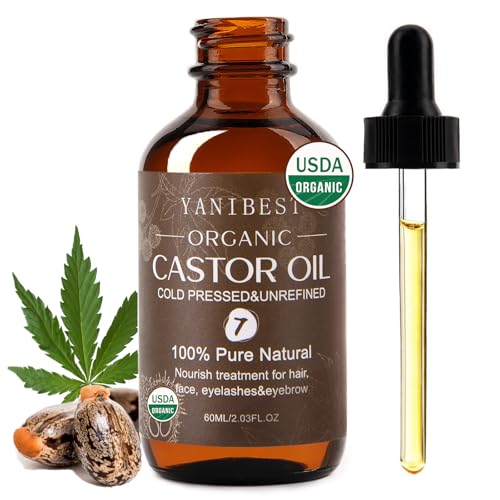 YANIBEST Organic Castor Oil, Cold Pressed Unrefined Glass Bottle, 100% Natural USDA Certified Castor Oil for Hair, Eyelashes, Face, Eyebrows, Scalp & Hair Strengthening Oil for All Hair Types