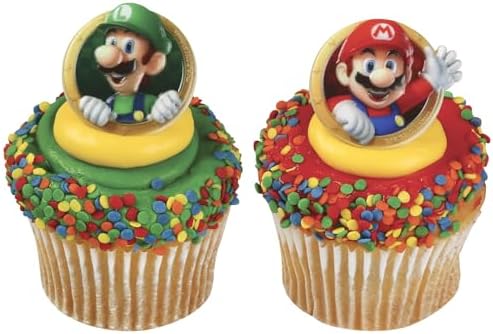 DecoPac Super Mario Rings, 24 Nintendo Cupcake Decorations Featuring Mario And Luigi, Cake Toppers For Birthday, Gaming, Party - 24 Pack