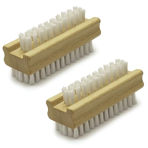 Konex Non-Slip Wooden Two-sided Hand and Nail Brush - Stiff Bristle Fingernail Brushes for Cleaning Under Nails - Heavy Duty Fingernail Brush for Manicure and Automotive Use - 2 Pack