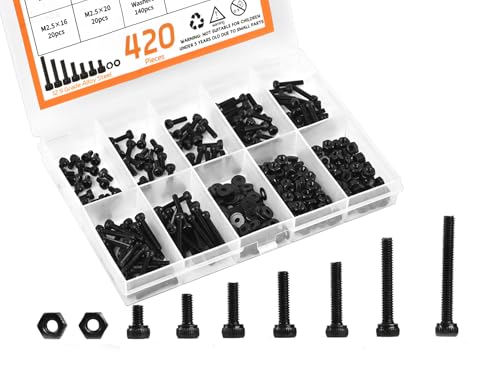 420pcs M2.5 Screw Kit, Premium M2.5 Bolts, Hex Socket Head Cap Screw Assortment with Nuts and Washers, M2.5 x 4mm /6mm /8mm /10mm /12mm /16mm /20mm (Black)