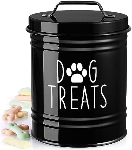 Small Dog Treat Container Airtight - 6" Tall X 4.9" Round Black Dog Treat Jar for Kitchen Counter - Rustic Treat Storage Canister for Dogs, Cats, Small Animals - Gifts for Pet Owners