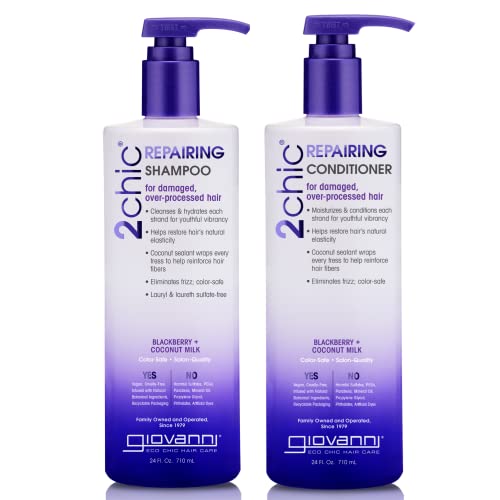 GIOVANNI 2chic Ultra-Repairing Shampoo & Conditioner Set - For Damaged, Over-Processed Hair, Helps Restore Hair's Natural Elasticity, Blackberry & Coconut Oil, Shea Butter, Color Safe - 24 oz. Each