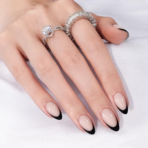 Canvalite French Tip Press On Nails, 30Pcs Short Almond Press on Nails Reusable Acrylic Fake Nails with Glue & Glue Remover Easy to Use Manicure Kit for Women, Black