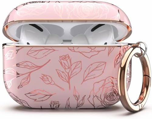 TATOFY Case Cover for AirPods Pro 2019,Stylish AirPods Pro Case for Women Girls, Flower Patterns Protective Hard Case with Clip (Golden Pink)