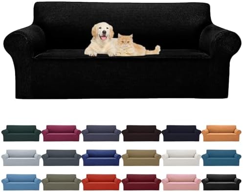2025 New Stretch Sofa Slipcovers Couch Cover for 3 Cushion Furniture Protector Sofa Covers with Elastic Bottom Jacquard Fabric Small Checks for Pets, Kids -Sofa, Black