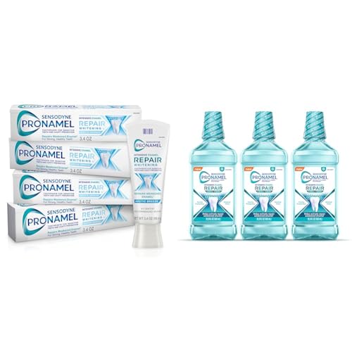 Sensodyne Pronamel Intensive Enamel Repair Toothpaste and Mouthwash Bundle with Toothpaste for Sensitive Teeth and Cavity Protection, Whitening Toothpaste to Strengthen Enamel (Pack of 4) 3.4 oz and Mouthwash 3 x 16.9 fl oz