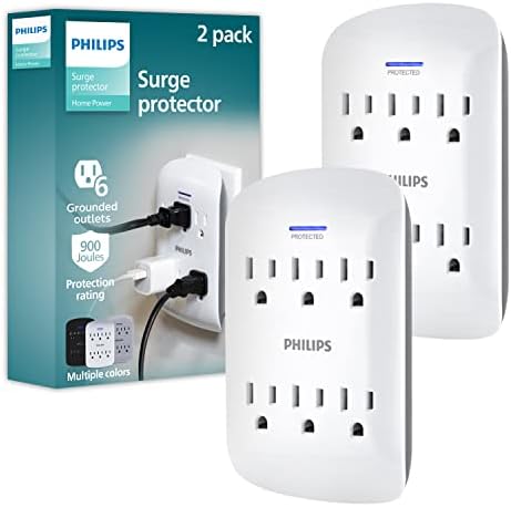 Philips Philips 6-Outlet Extender Surge Protector, 2 Pack, Wall Tap, 900 Joules, 3-Prong, Space Saving Design, Protection Indicator LED Light, ETL Listed, White, SPP3466WA/37